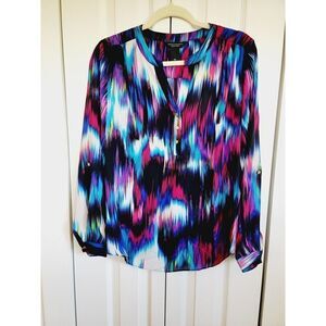 Investment Petites Women's PL Bright‎ Multicolored Long Sleeve Roll Tab Blouse
